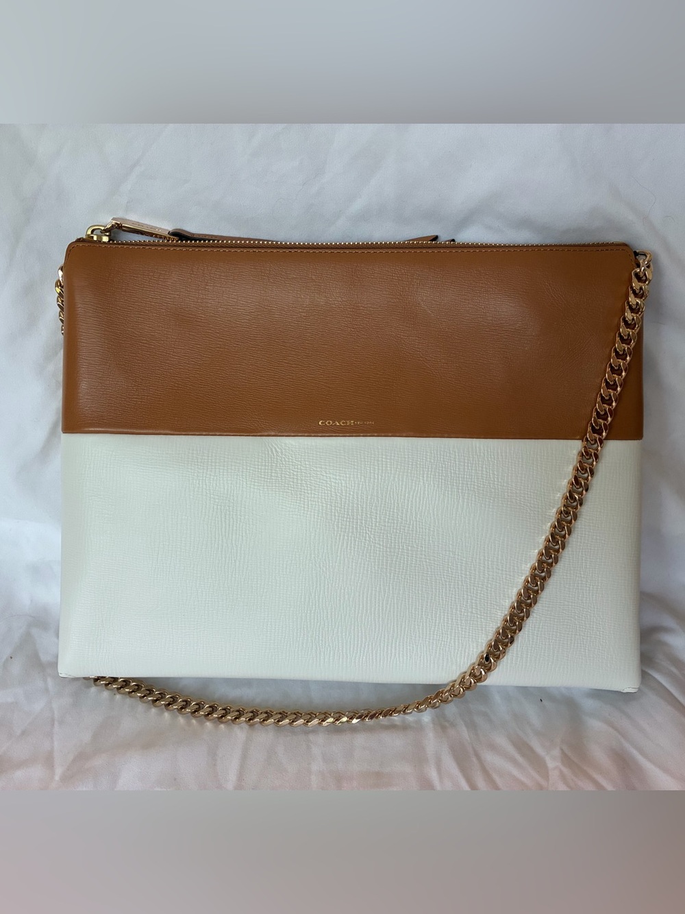 Coach Two-Tone Leather Shoulder Bag in Tan & White with Gold Chain
